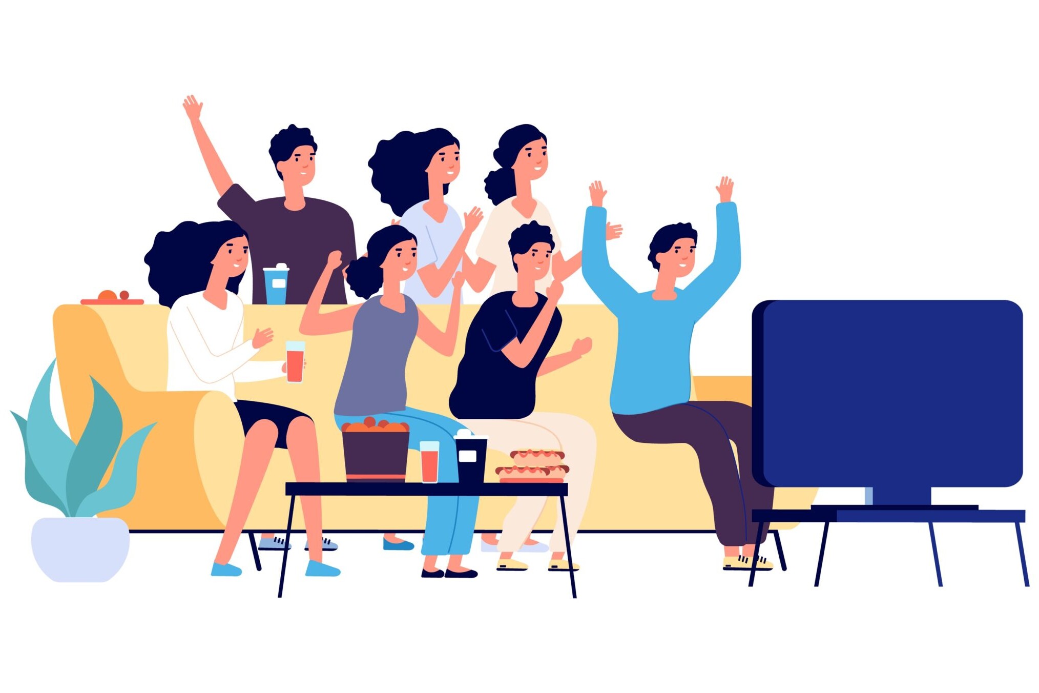 Illustration of a group of friends sat on a couch watching TV