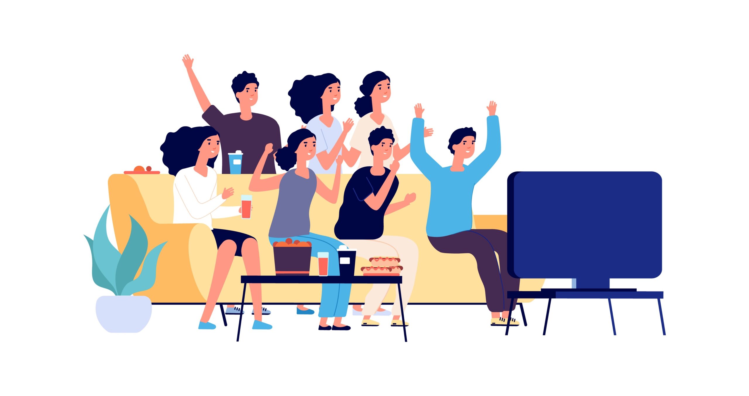 Illustration of a group of friends sat on a couch watching TV