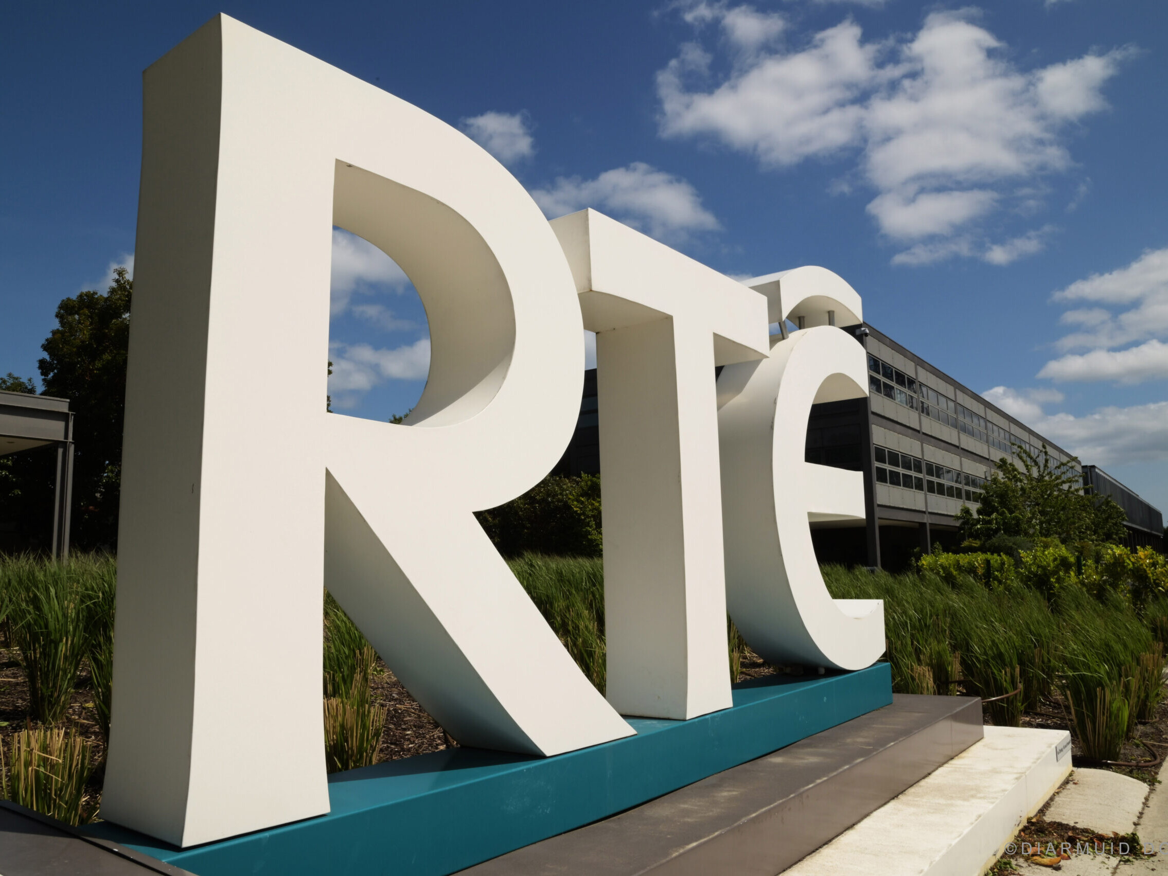 The RTÉ logo on a stand outside the RTÉ office.