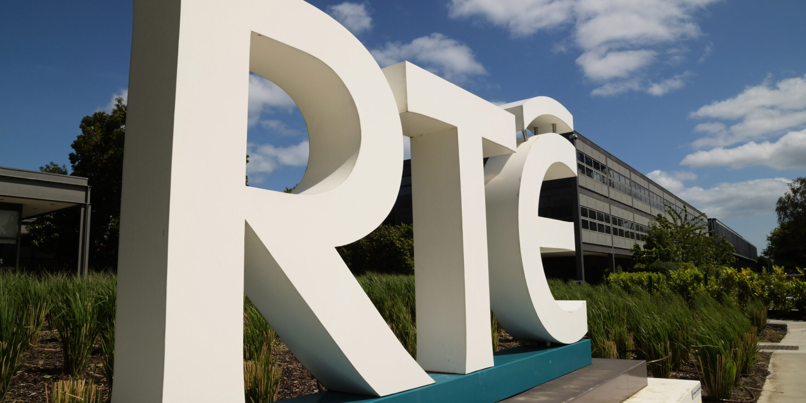 The RTÉ logo on a stand outside the RTÉ office.