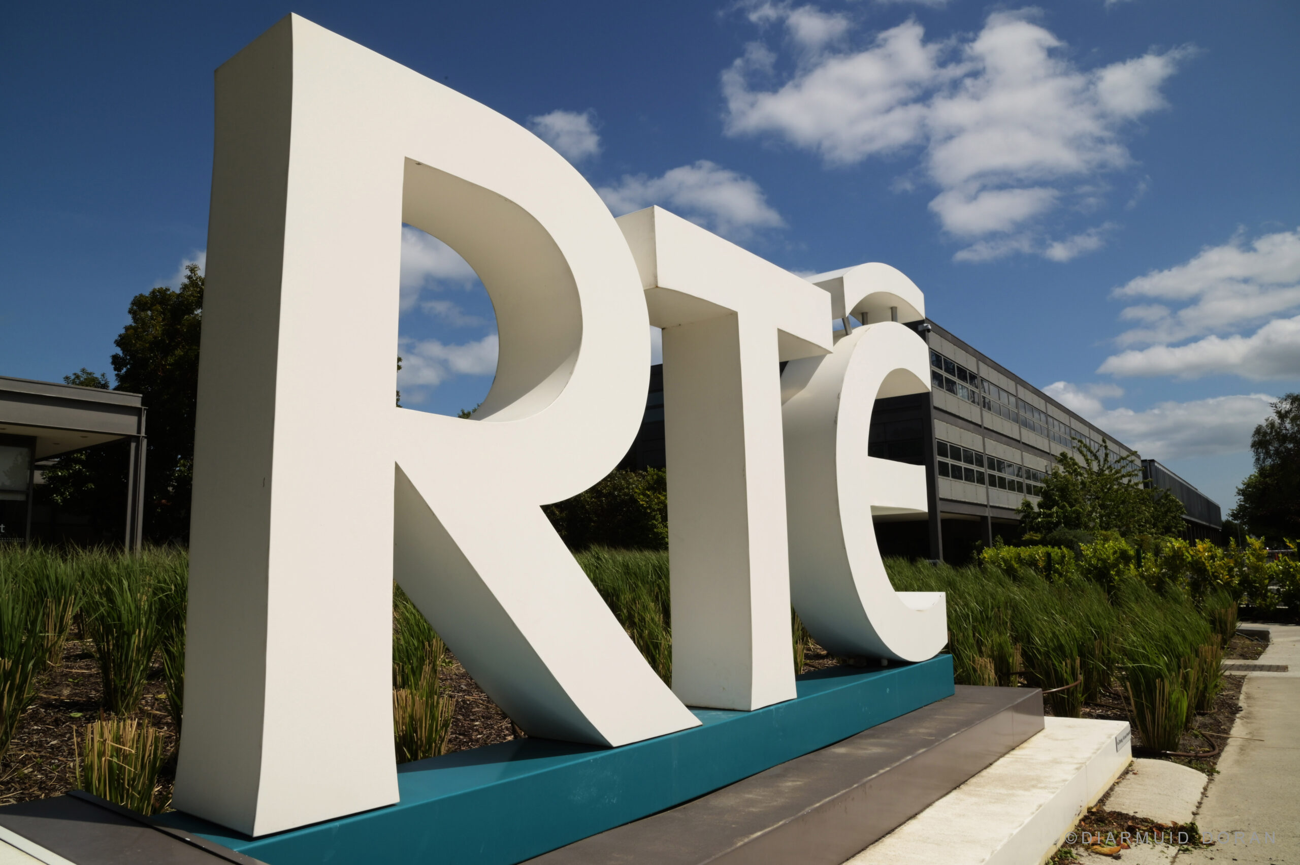 The RTÉ logo on a stand outside the RTÉ office.